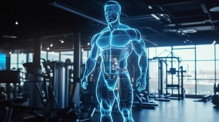Blueprint for strength: a digital human form in a modern fitness center, illuminating the potential of physical excellence.