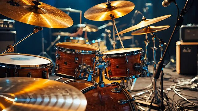 Close-Up of Professional Drum Set on Stage Under Concert Lighting with Cymbals, Microphones, Amplifiers, and Cables Before Live Performance

