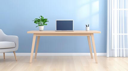 Modern and Serene Home Office Scene Featuring Minimalist Desk, Laptop, Green Plant, and Soft Natural Light for Productive Work Environment,Office interior backdrop for online meetings