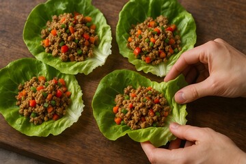 Fresh lettuce wraps filled with flavorful mixture and vibrant vegetables.