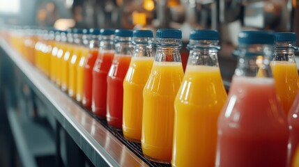 Juice drinks moving along a production factory conveyor highlight the streamlined process of beverage manufacturing.