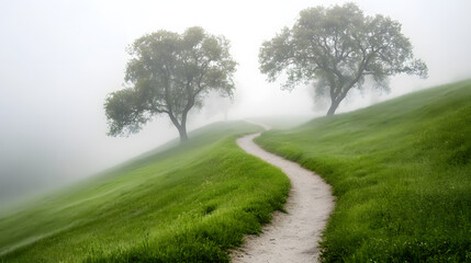 Winding path through lush green hills with fog and trees, perfect for nature lovers, peaceful landscapes, hiking trails, travel inspiration, solitude, calm scenery, and outdoor escape