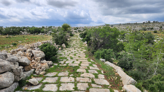 In Saglikli, Tarsus, Mersin, a view of the ancient Roman road which is 3 m wide and 3 km long. Curbstones are still intact, showcasing its historical significance.