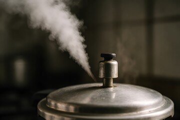 Obraz premium A steaming pot with a silver lid releasing vapor.