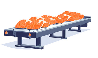 salmon in various forms and production processes, from raw cuts and packaging to cooking, serving, and seafood industry scenes. Generative AI Illustration