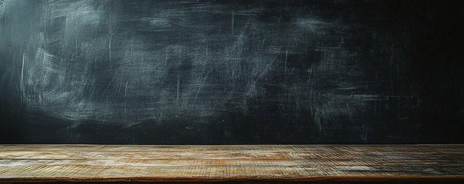 Empty wooden table top with a blurred chalkboard background
