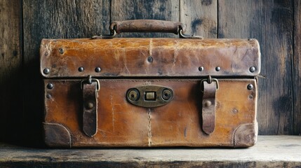 Vintage voyager: a well-worn leather suitcase on weathered wood, evoking memories of journeys past.