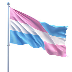 A waving flag on a pole with horizontal bands of pink blue and white representing the transgender community.
