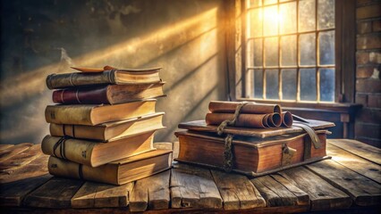 A stack of antique leather-bound books and rolled scrolls on a rustic wooden table bathed in warm sunlight streaming through a window