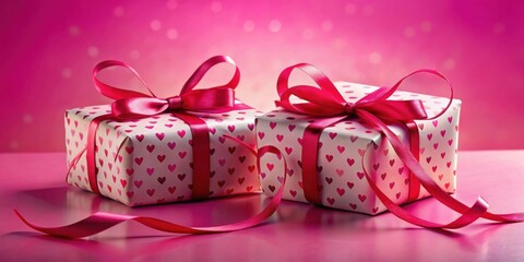Two Pink Gift Boxes With Heart Patterned Wrapping Paper and Pink Satin Ribbons on a Pink Background