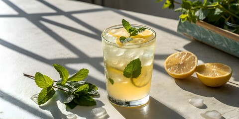 Fresh lemonade in a glass with ice cubes, vibrant lemon slices and mint leaves. Sunlit summer drink concept with citrus and herbal tones for warm-weather refreshment banner and cover