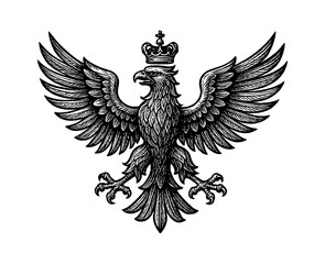 Obraz premium Detailed Black and White Engraving of Crowned Eagle with Spread Wings on White Background