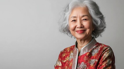 Elderly asian female in red patterned jacket smiling against neutral background