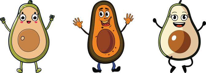 Happy avocado cartoon with smile and big eyes · Fun food character for healthy lifestyle, kids branding and packaging. Cute flat design for children’s illustrations, stickers and UI