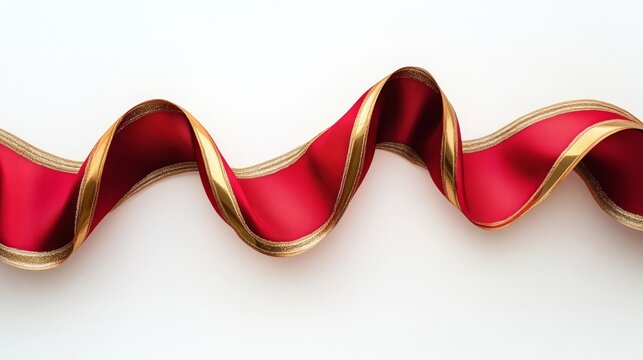 Elegant crimson: a sumptuous red ribbon with golden edges dancing against a pristine white canvas. - Powered by Adobe