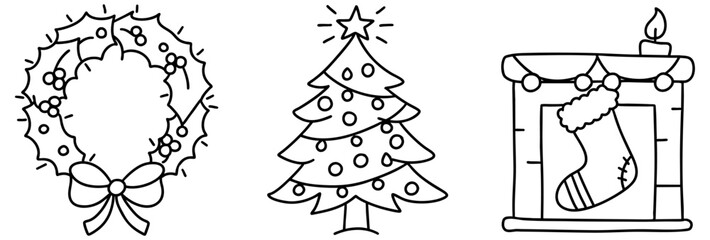 festive collection of Christmas stuff including wreath, decorated tree, and cozy fireplace with stocking