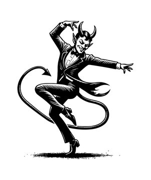 A joyful devil dancing in a suit, black and white vector illustration style