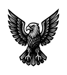 Eagle Spreading Wings in Black and White Engraving Style, Powerful and Majestic Bird Illustration