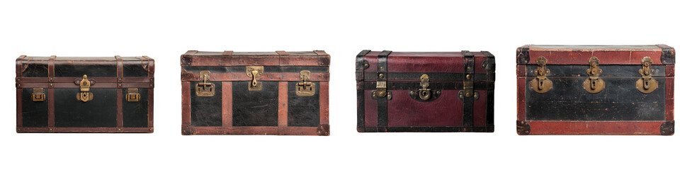 A collection of antique and vintage luggage trunks and chests. long_title:This image showcases a collection of various antique and vintage luggage