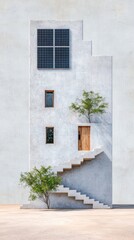Fototapeta premium Modern minimalist building with solar panels and outdoor steps