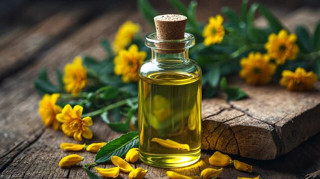 Bottle of essential oil in glass with flowers, alternative medicine.