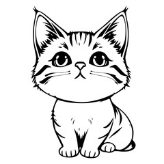 Obraz premium Black and white line art illustration of a small, cute kitten sitting and looking forward with large eyes