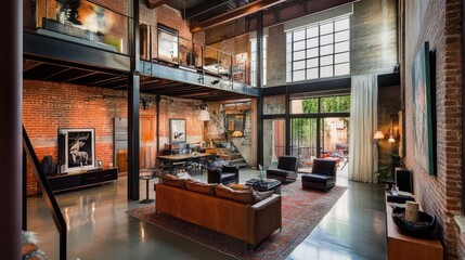 Industrial-chic loft apartment with exposed brick, high ceilings, and large windows