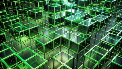 Fototapeta premium A mesmerizing abstract background featuring an intricate arrangement of glowing green cubes, creating a dynamic interplay of light and shadow.