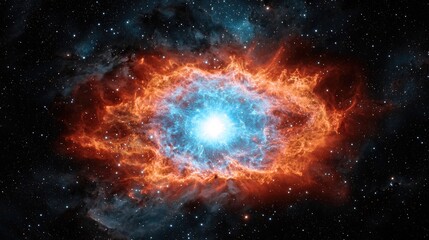 Obraz premium A vibrant cosmic nebula radiates fiery orange and blue hues against a starry backdrop, depicting the beauty of the universe.