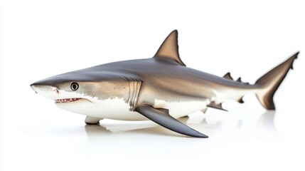 Naklejka premium Striking Studio Shot of a Great White Shark Model on White Backdrop Capturing Marine Predator with Sharp Teeth and Powerful Fins in Detailed Close Up