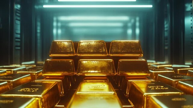 Lingotes de oro en b&oacute;veda de alta seguridad con c&aacute;mara en movimiento cinematogr&aacute;fico