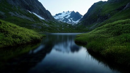 Tranquil alpine lake reflects snow-capped peaks and lush mountain scenery