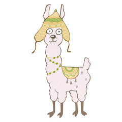 Drawing of a funny llama in a traditional hat and beads. For printing postcards, notebooks, dishes, T-shirts. Design of children's products, labels of food products, carbonated drinks, juices, etc