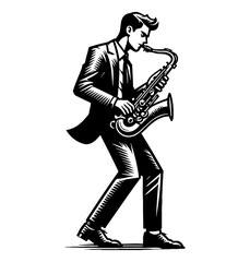 Naklejka premium Man in Suit Playing Saxophone with Concentration in Detailed Black and White Illustration