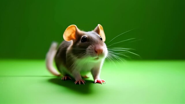 Close-up of a cute grey rat with large ears sitting on a vibrant green background, concept for pet photography, animal lover websites, and children's book illustrations
