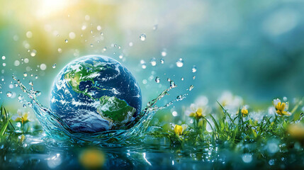 World Water Week banner. Earth globe splashing in water, dew-kissed grass. Save water, environment, climate change concepts. Light cyan, teal tones, ethereal glow.