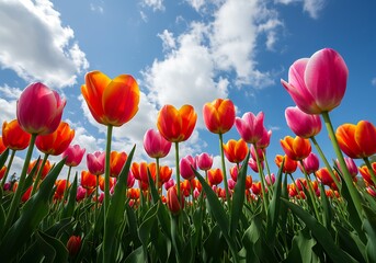 Fototapeta premium A vibrant field of tulips reaching for a bright sunny sky, their petals bursting with joyful colors under a brilliant blue expanse.