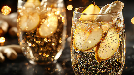 p: a close-up of a glass filled with a sparkling pear and ginger mocktail