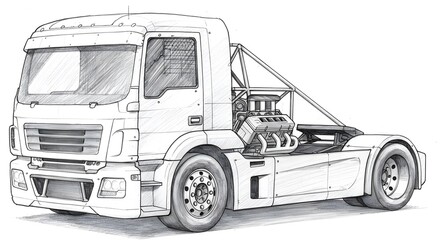 Truck Sketch with Visible Engine and Modified Chassis Hand-Drawn
