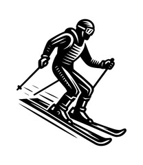 Downhill Skier in Action, Black and White Retro Style Illustration on White Background