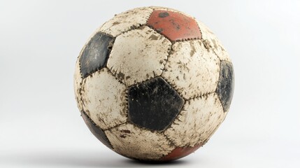 Worn out black and white soccer ball with red accents on a clean background