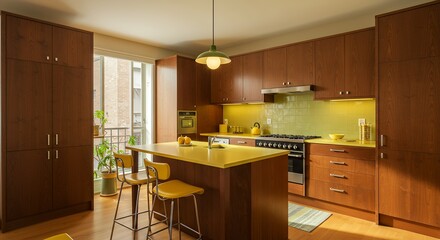 Bright and modern kitchen interior featuring yellow counter tops, wooden cabinets, and a stylish island with bar stools creating a vibrant and inviting space for cooking and socializing