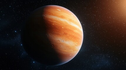 A vibrant depiction of Jupiter, showcasing its colorful bands and atmospheric features against a starry backdrop.