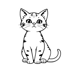 Obraz premium Cat cartoon illustration with black stripes and large eyes sitting on white background featuring kitten, feline, animal