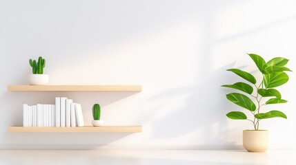 Office interior backdrop for online meetings, Serene Modern Interior Scene with Minimalist Shelving, Books, and Indoor Plants for Tranquility and Aesthetic Appeal