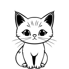 Obraz premium Cat cartoon illustration with black outline and white fur, sitting cute pose with big eyes. featuring kitty, kitten, feline