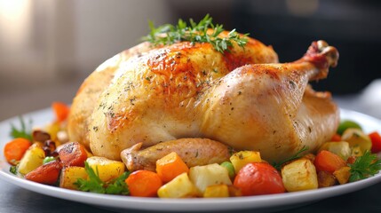 Juicy whole roast chicken served with an assortment of vegetables, beautifully presented on a plate, captures the essence of a hearty and satisfying meal.