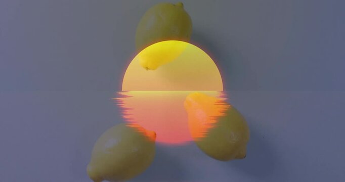 Vibrant sunset reflection animation with lemons surrounding on white background
