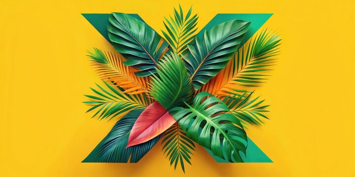 A vibrant arrangement of tropical leaves forming an abstract X shape on a bright yellow background.