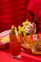 Canada Day traditional food concept. A girl in a classy cafe eats in Canada. Breakfast and lunch.